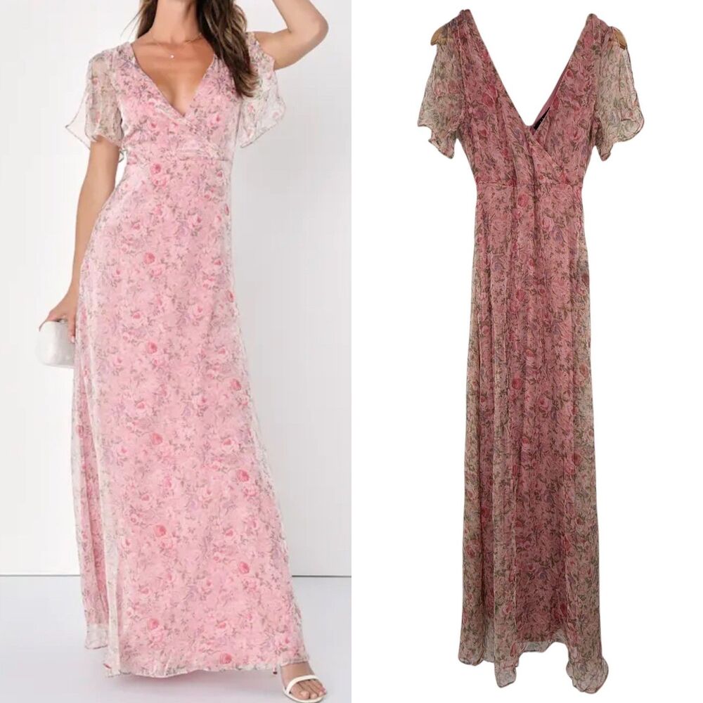 Lulus Pink Floral Flutter Sleeve Maxi Dress XS Dreamiest Desires Garden Party